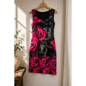 Joseph Ribkoff Pink Black Rose Floral Sheath Dress Sleeveless Size 8 Made Canada